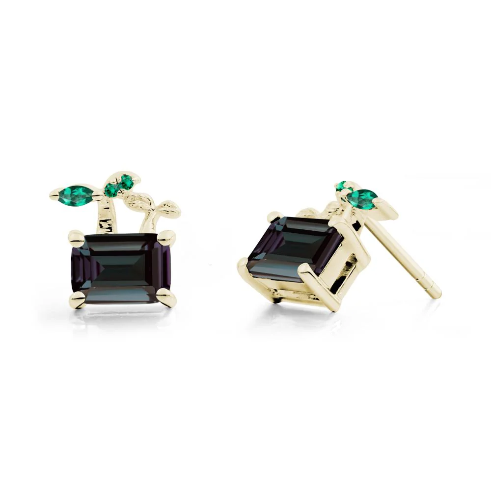 Emerald Cut Alexandrite and Emerald Sprout Earrings - Image 6