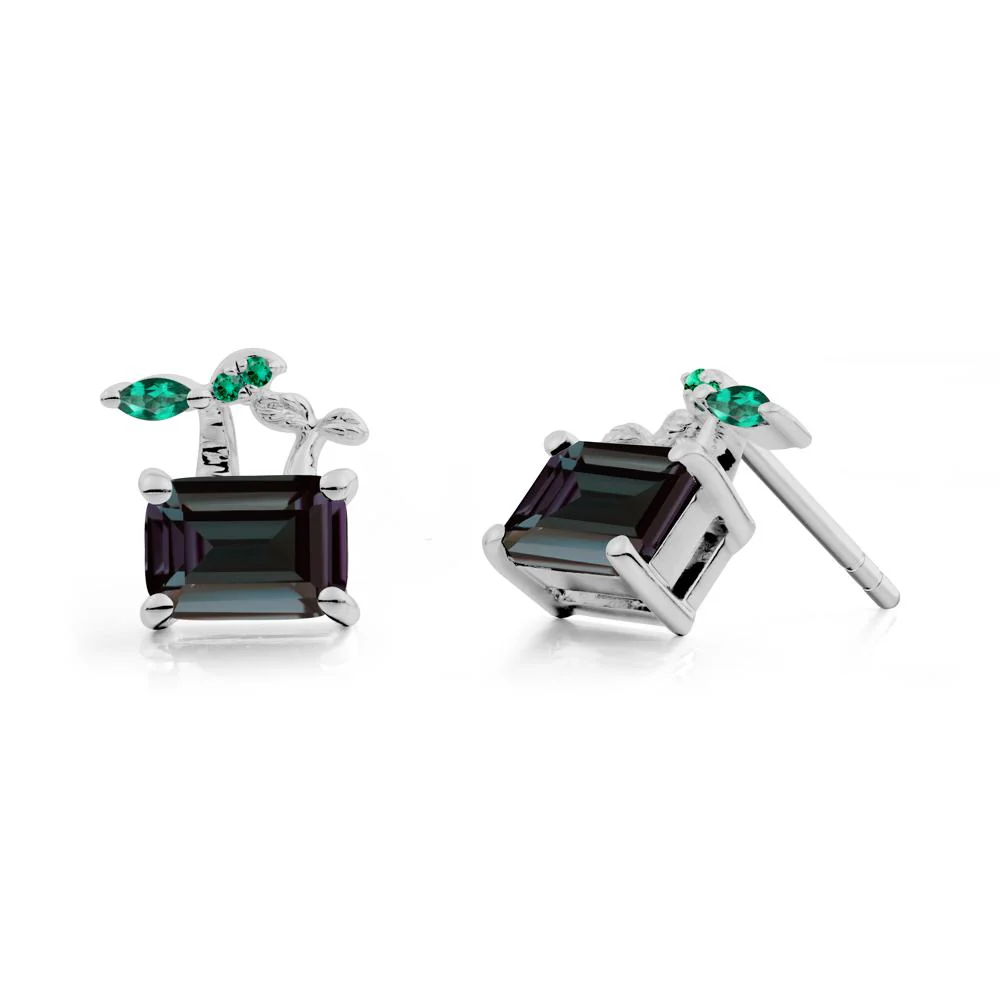 Emerald Cut Alexandrite and Emerald Sprout Earrings - Image 8