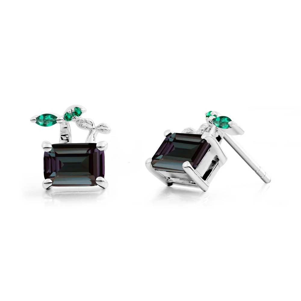 Emerald Cut Alexandrite and Emerald Sprout Earrings - Image 9