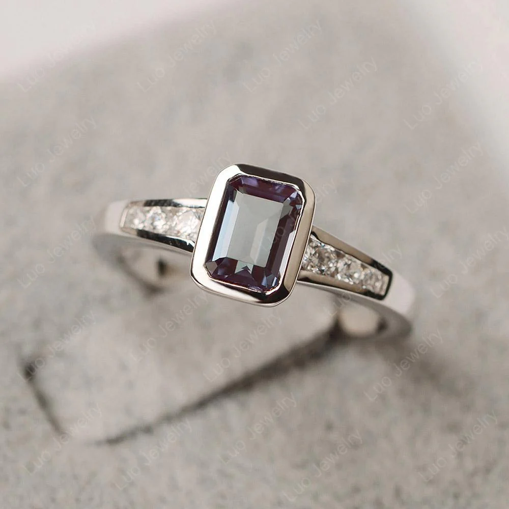 Emerald Cut Alexandrite Bezel Set Ring