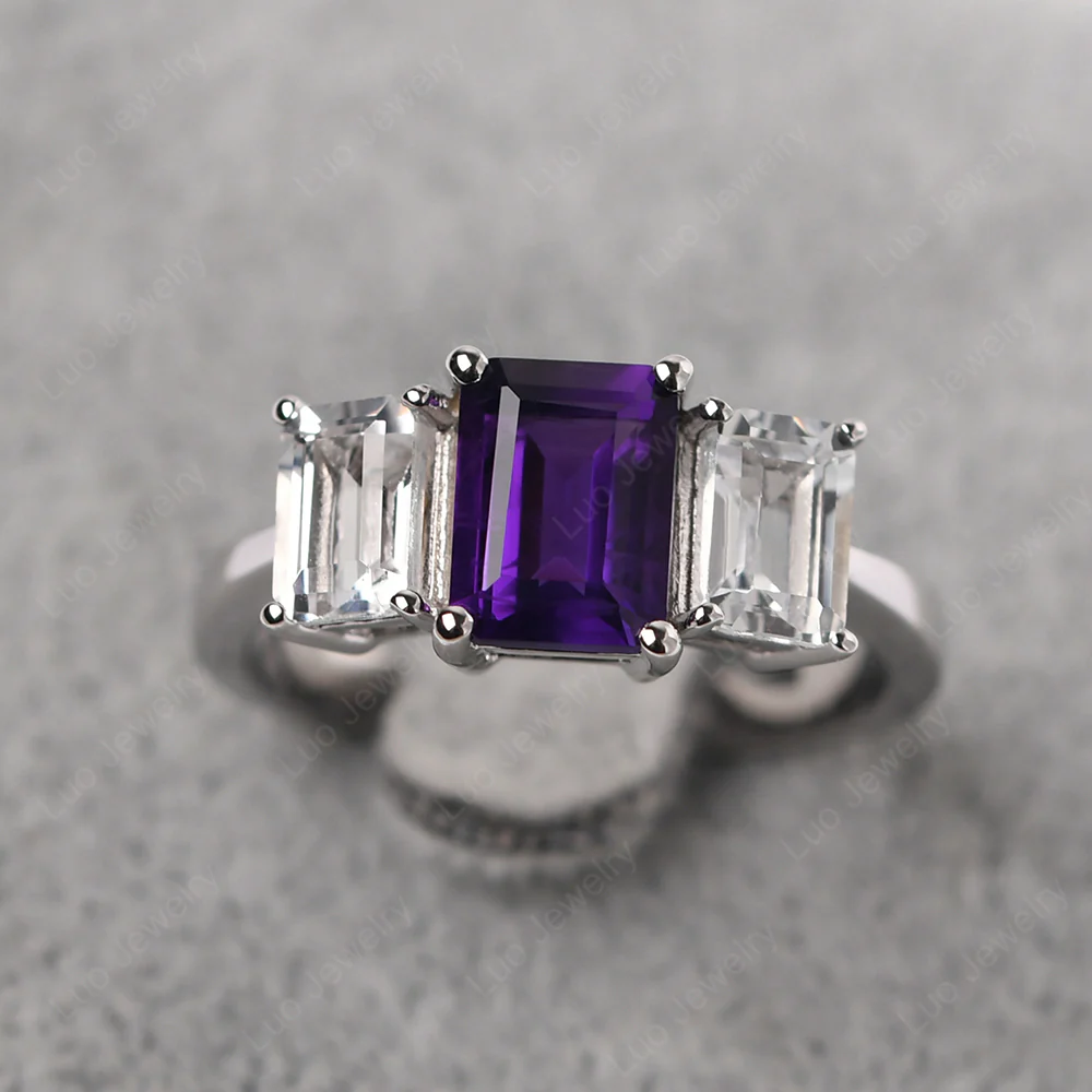 Amethyst Three Stone Emerald Cut Engagement Ring