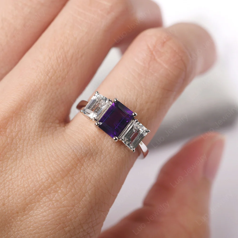 Amethyst Three Stone Emerald Cut Engagement Ring - Image 5