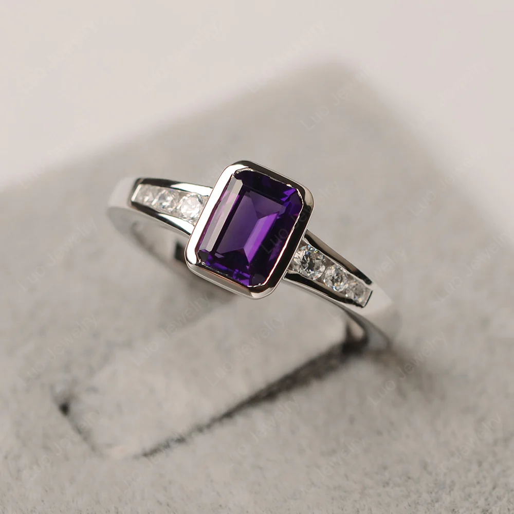Amethyst Emerald Cut Bezel Ring