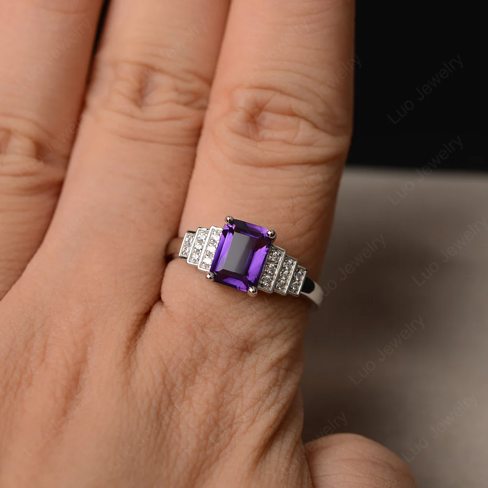 Classic Emerald Cut Amethyst Promise Ring - Image 4