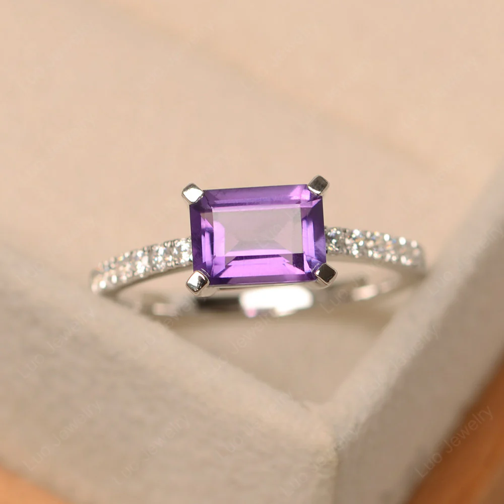 Emerald Cut Amethyst Horizontal Ring