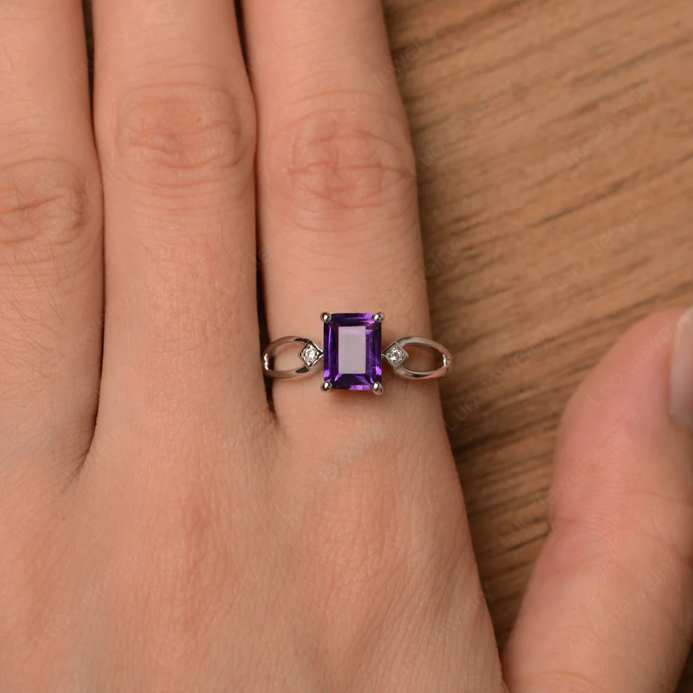 Emerald Cut Amethyst Ring Split Shank - Image 4