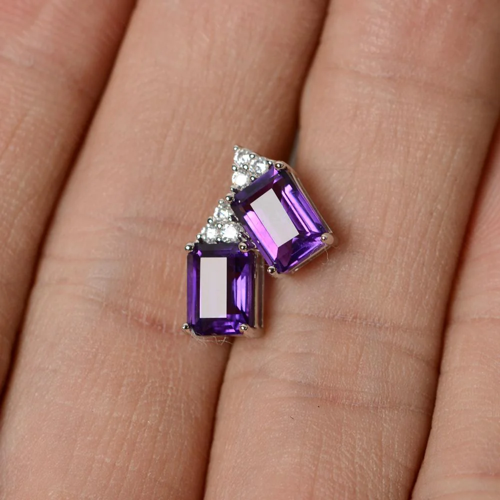 Emerald Cut Amethyst Stud Earrings - Image 3