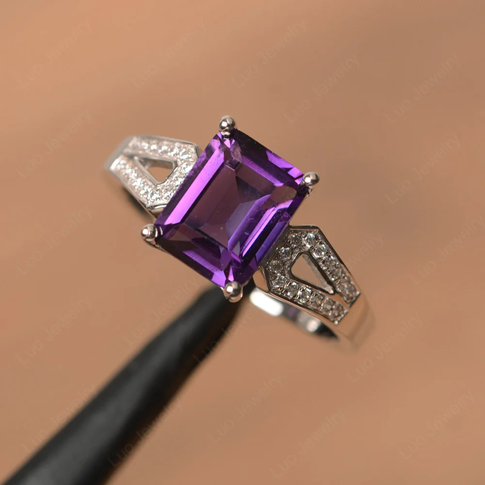 Emerald Cut Amethyst Split Shank Ring
