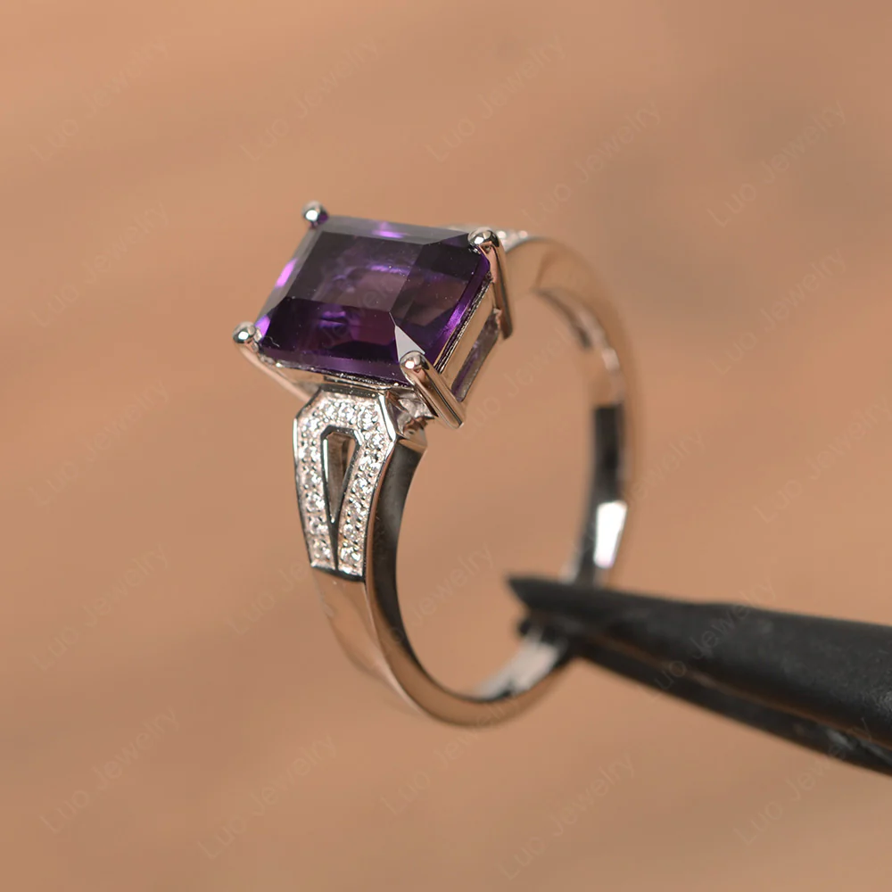 Emerald Cut Amethyst Split Shank Ring - Image 2