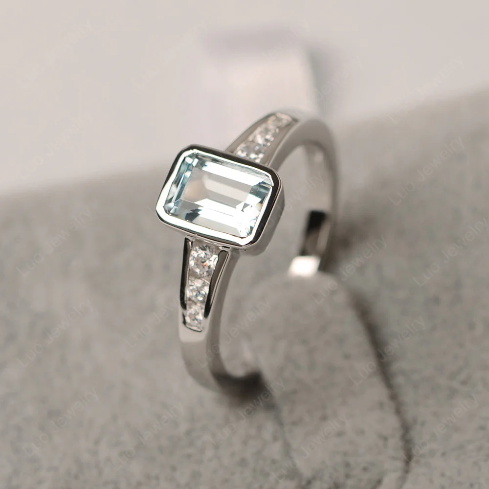 Emerald Cut Aquamarine Bezel Set Ring - Image 2