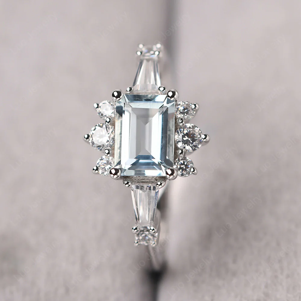 Aquamarine Emerald Cut Sunburst Engagement Ring