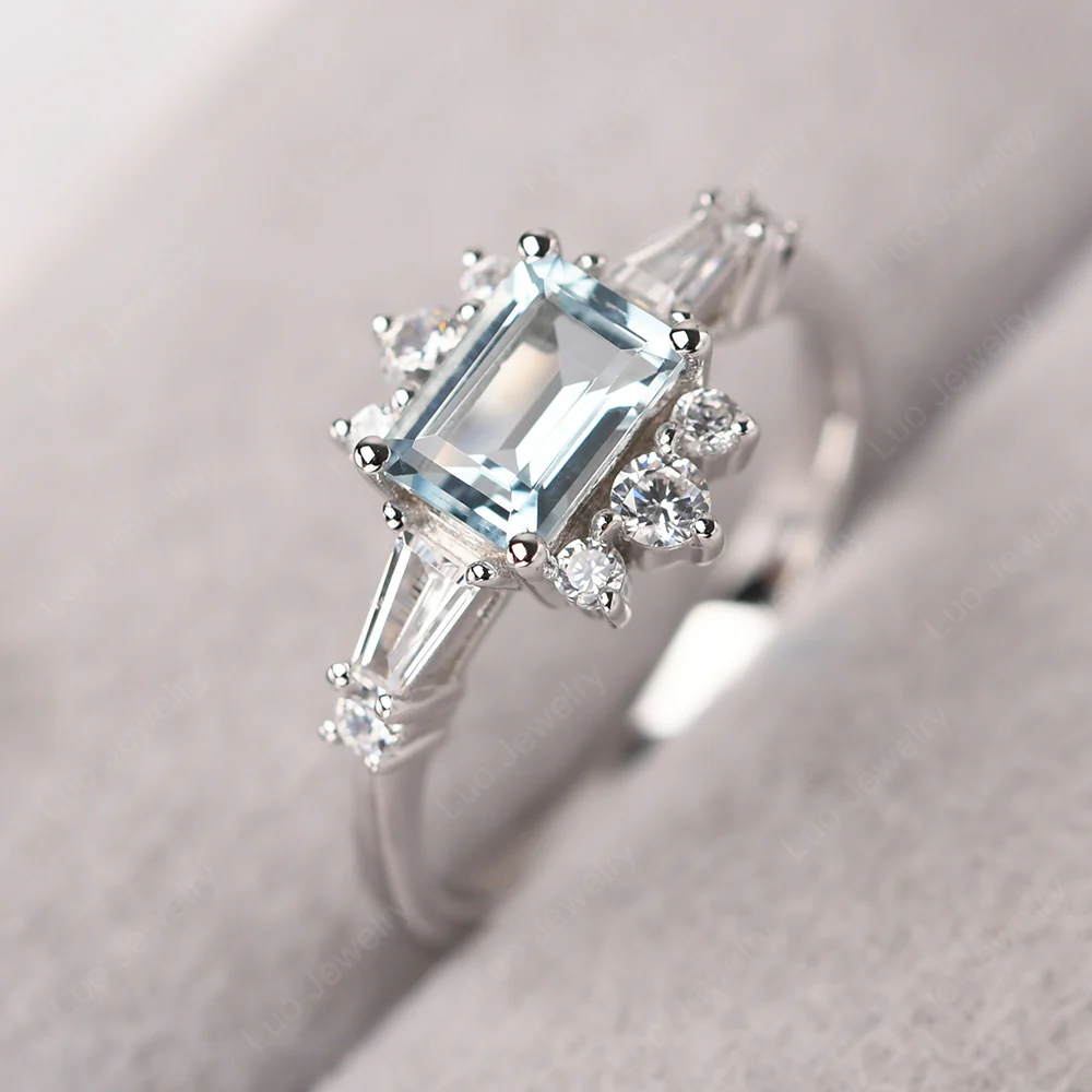 Aquamarine Emerald Cut Sunburst Engagement Ring - Image 2