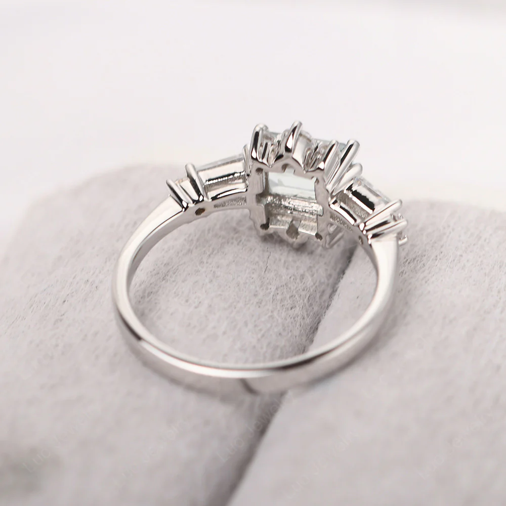 Aquamarine Emerald Cut Sunburst Engagement Ring - Image 4