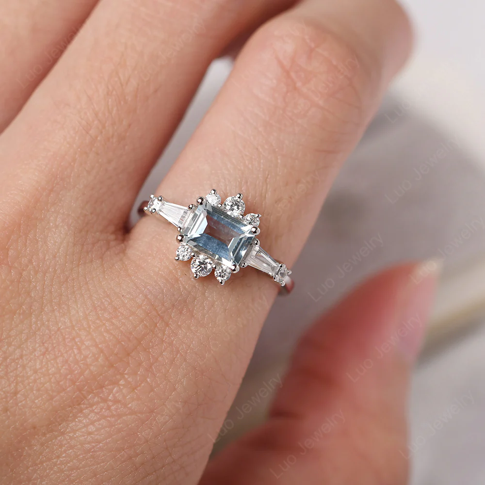 Aquamarine Emerald Cut Sunburst Engagement Ring - Image 6