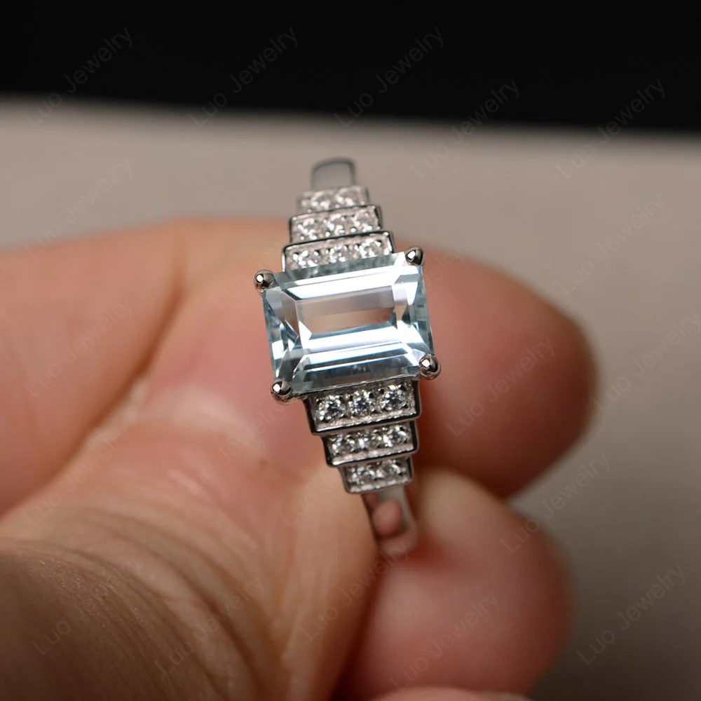 Classic Emerald Cut Aquamarine Promise Ring