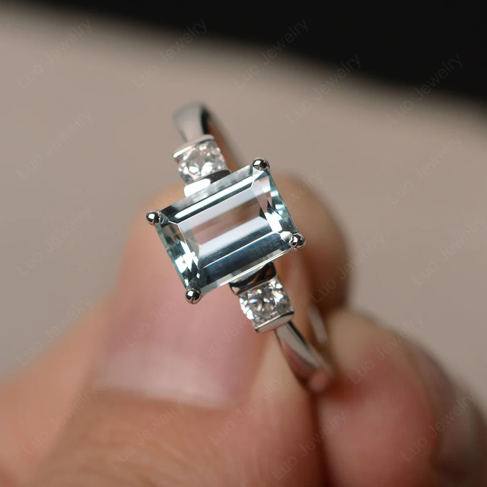 Emerald Cut Aquamarine Trilogy Ring