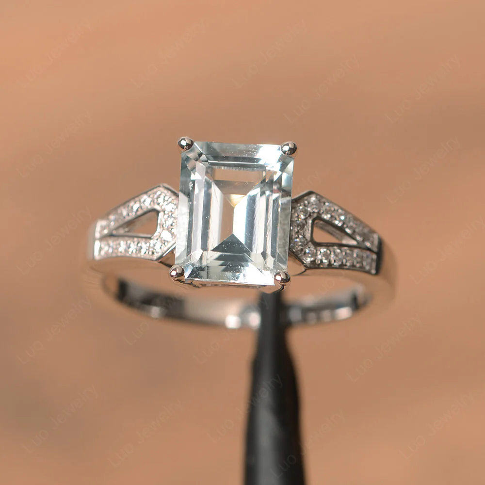 Emerald Cut Aquamarine Split Shank Ring
