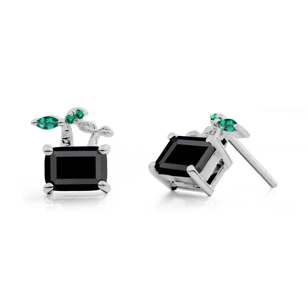 Emerald Cut Black Spinel and Emerald Sprout Earrings - Image 2