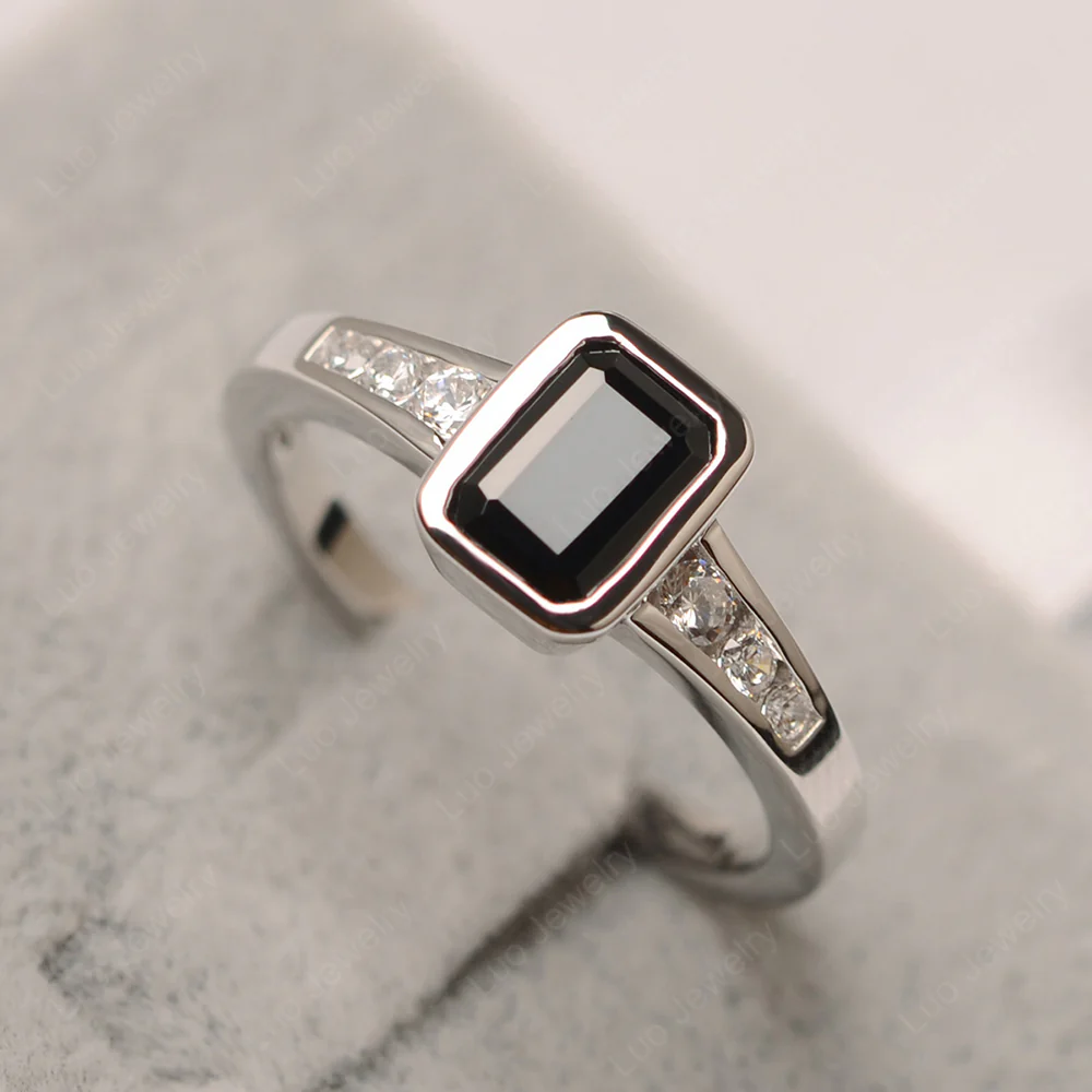 Black Spinel Emerald Cut Bezel Ring