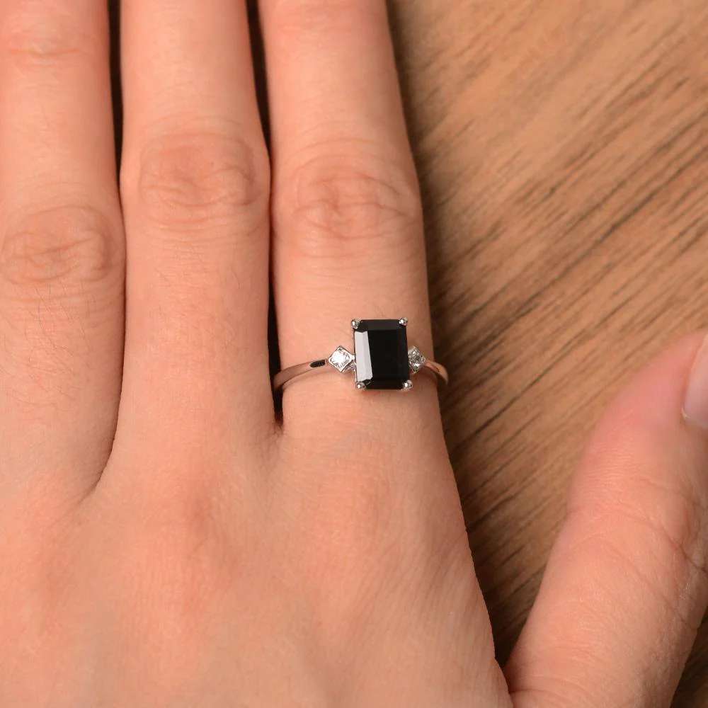 Emerald Cut Black Spinel Engagement Ring - Image 13