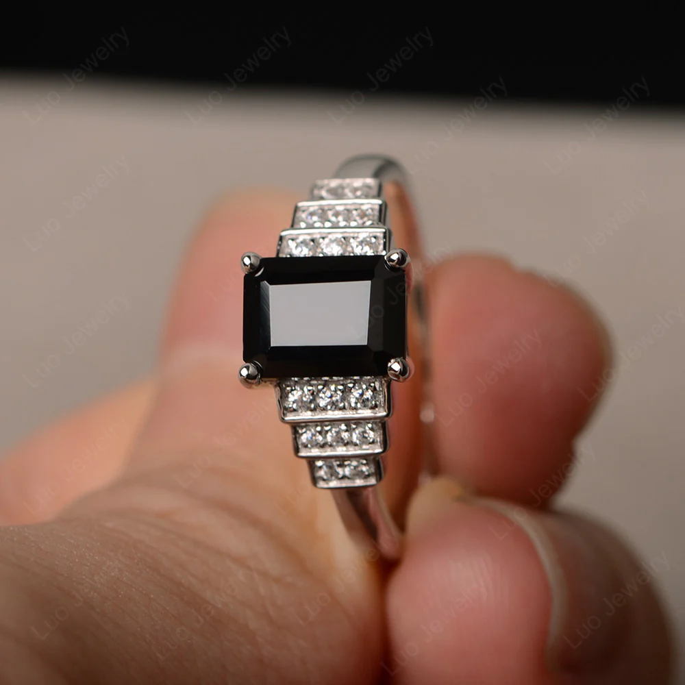 Classic Emerald Cut Black Spinel Promise Ring - Image 2