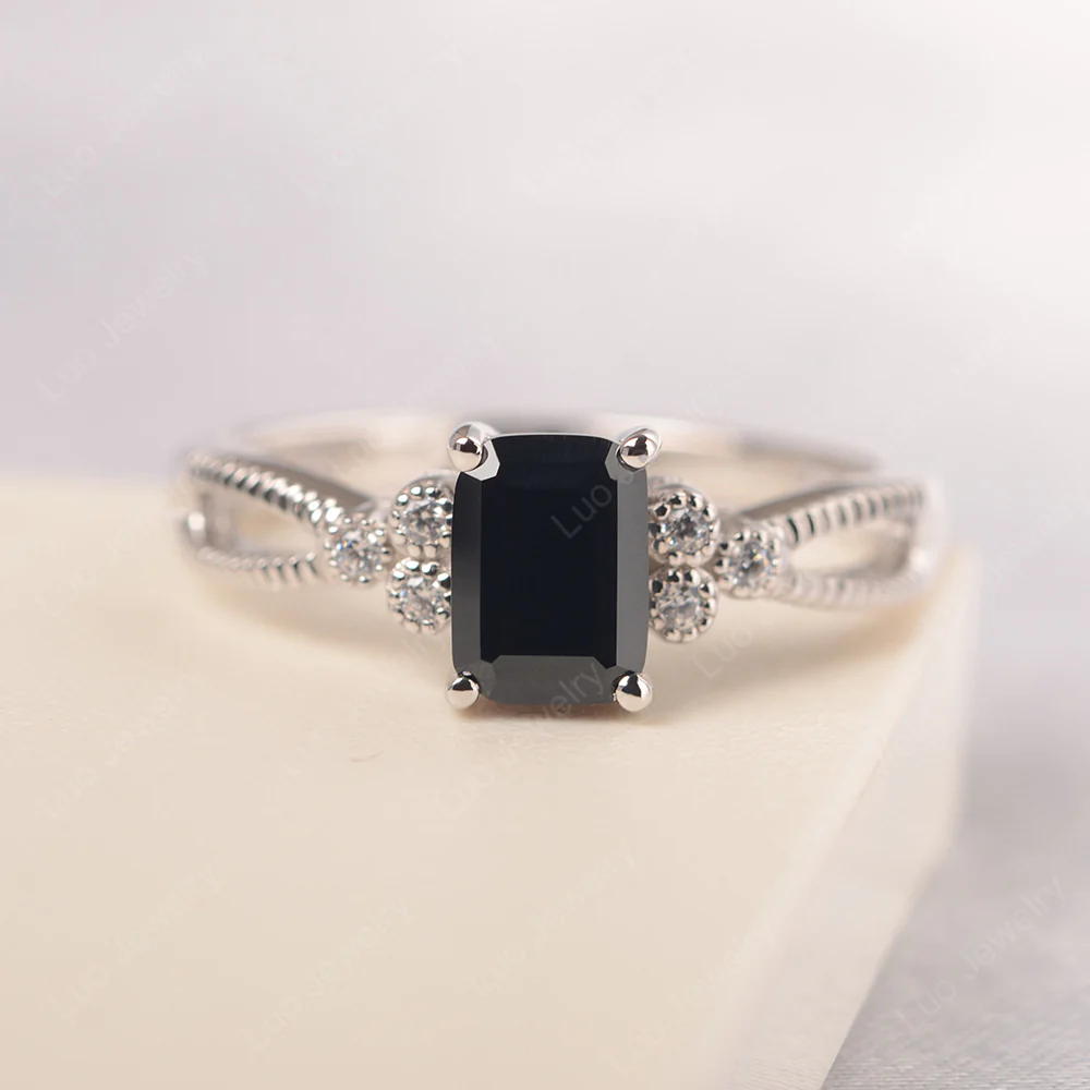 Black Spinel Milgrain Engagement Ring