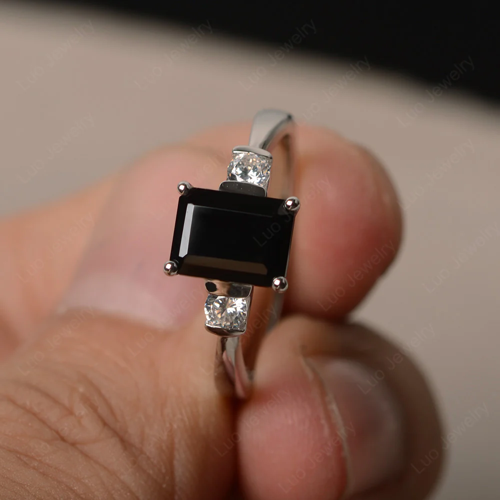 Emerald Cut Black Spinel Trilogy Ring