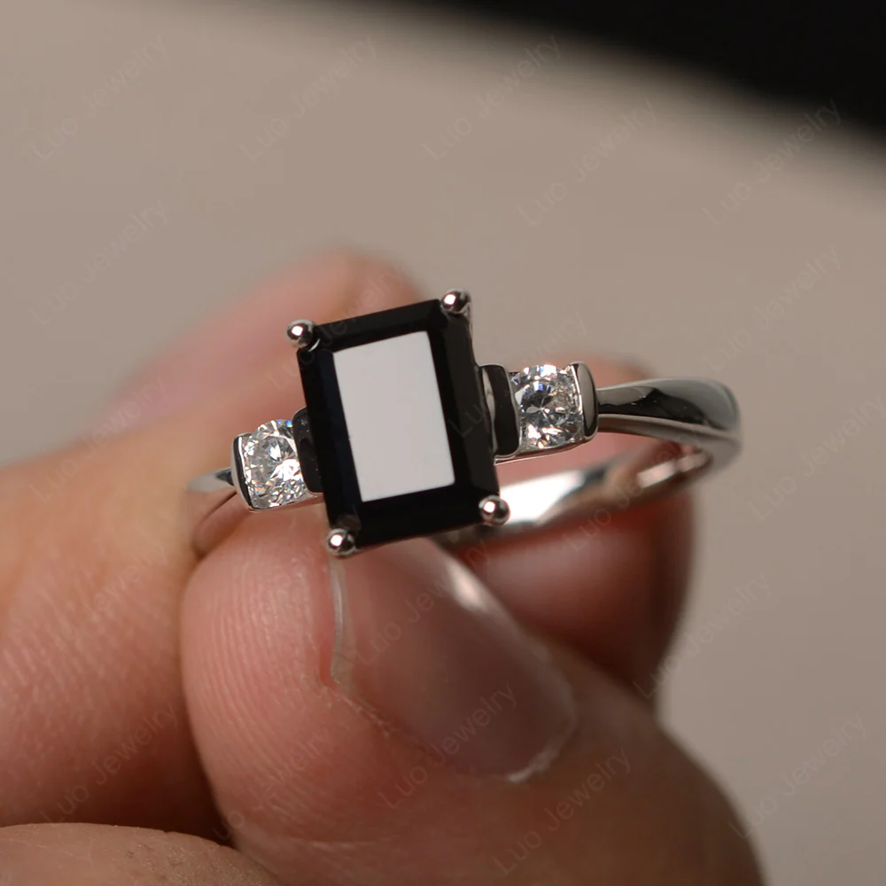 Emerald Cut Black Spinel Trilogy Ring - Image 2
