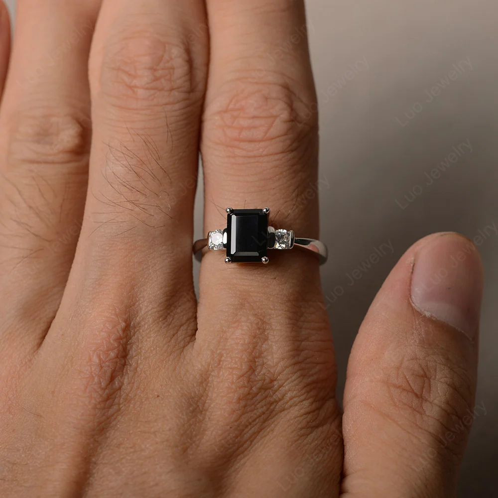 Emerald Cut Black Spinel Trilogy Ring - Image 4