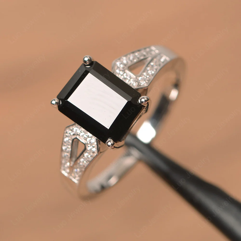 Emerald Cut Black Spinel Split Shank Ring