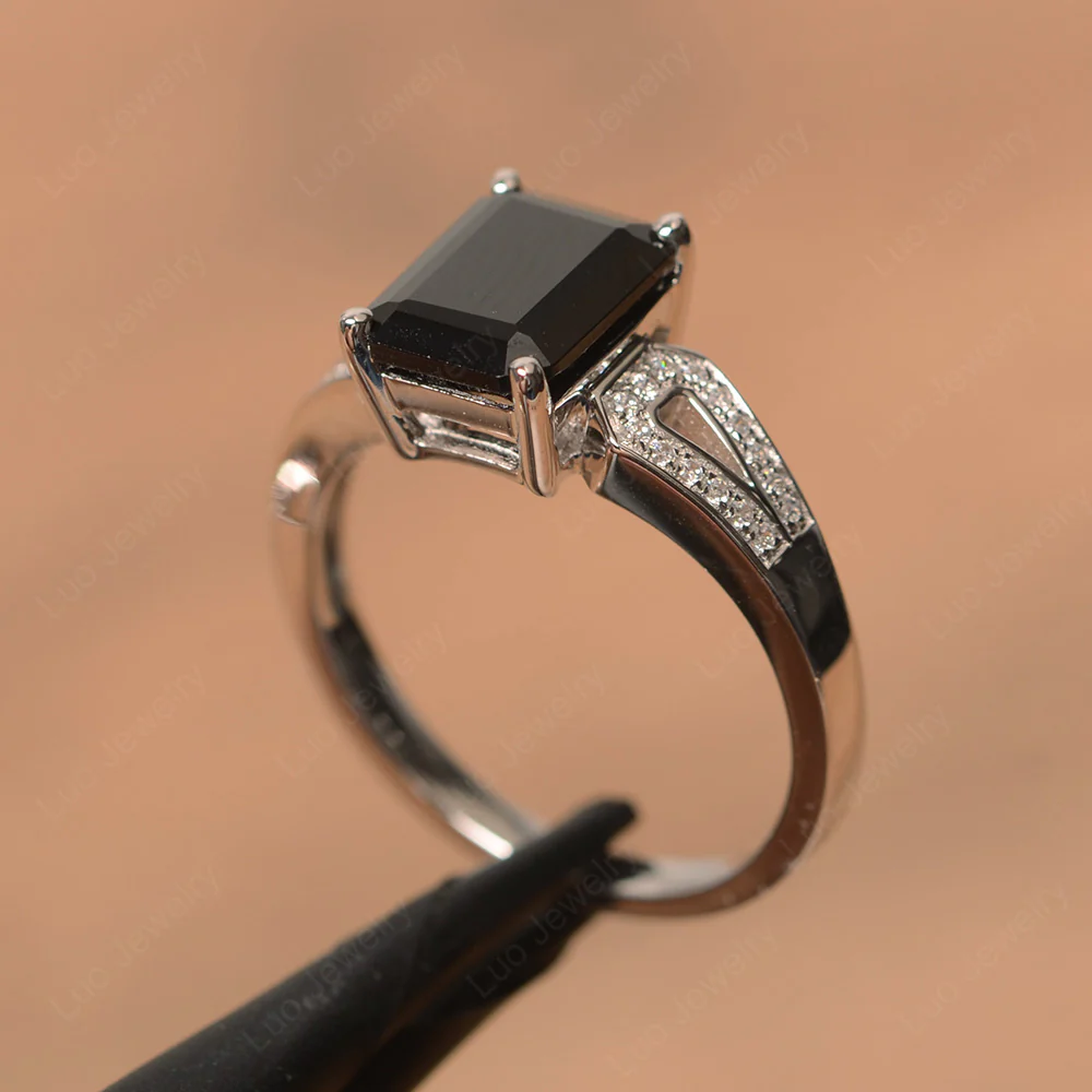 Emerald Cut Black Spinel Split Shank Ring - Image 2