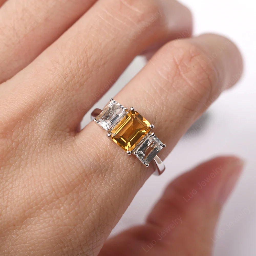 Citrine Three Stone Emerald Cut Engagement Ring - Image 5