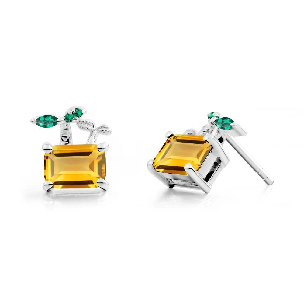 Emerald Cut Citrine and Emerald Sprout Earrings - Image 9