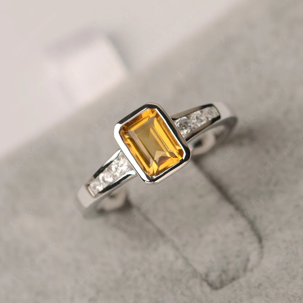 Emerald Cut Citrine Bezel Set Ring