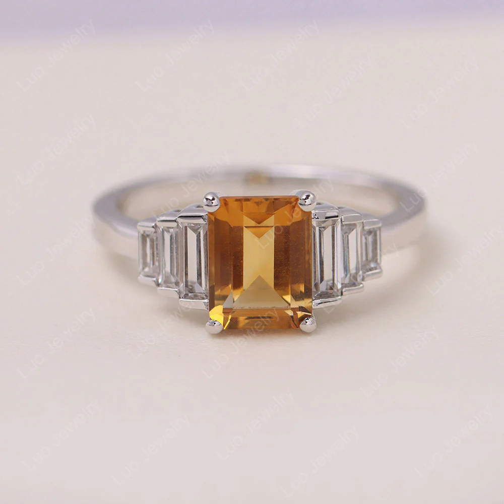 Emerald Cut Citrine Ring with Baguette