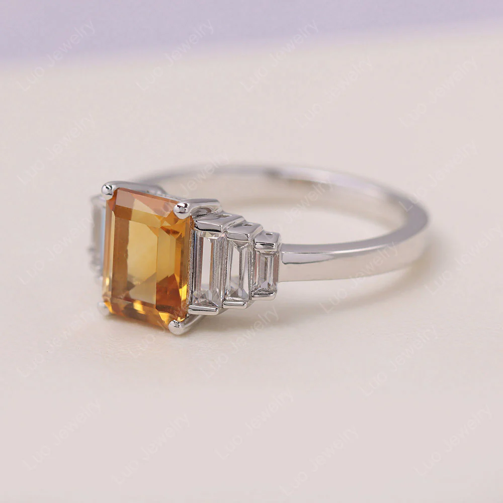 Emerald Cut Citrine Ring with Baguette - Image 2