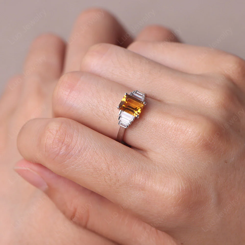 Emerald Cut Citrine Ring with Baguette - Image 5