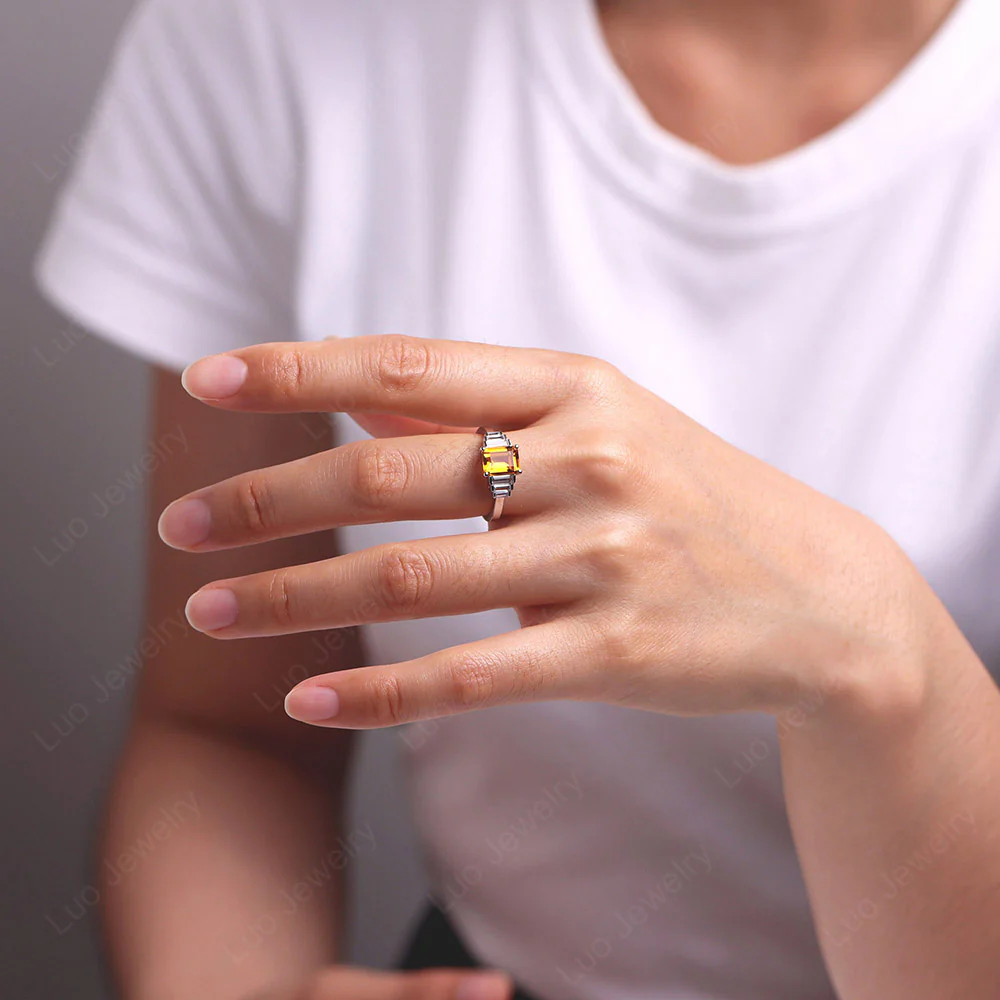 Emerald Cut Citrine Ring with Baguette - Image 6