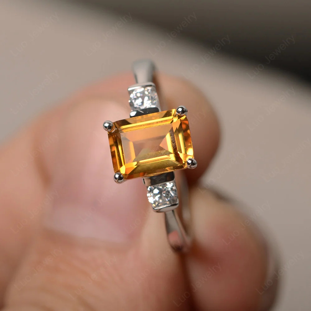 Emerald Cut Citrine Trilogy Ring
