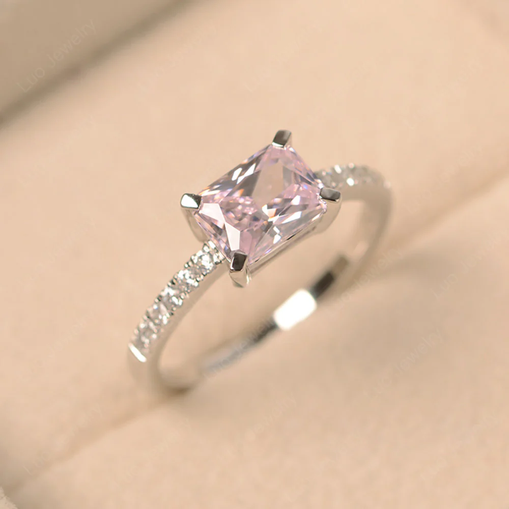 Emerald Cut Pink Cubic Zirconia Horizontal Ring - Image 2