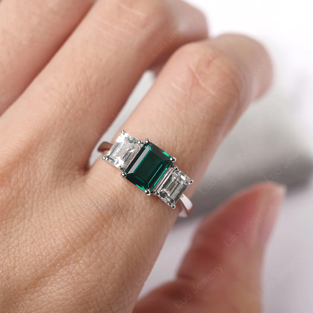 Emerald Three Stone Emerald Cut Ring - Image 5