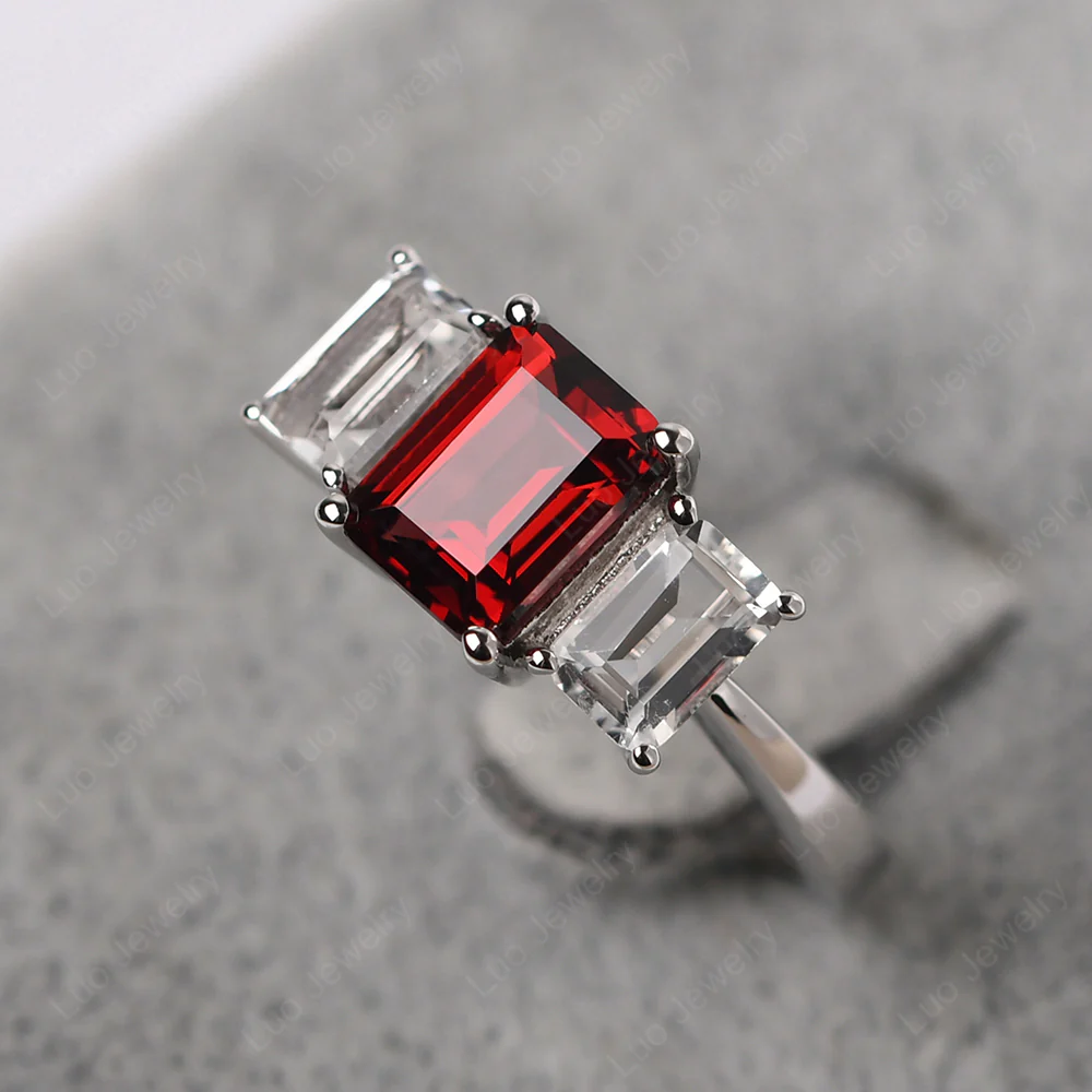 Garnet Three Stone Emerald Cut Engagement Ring - Image 3