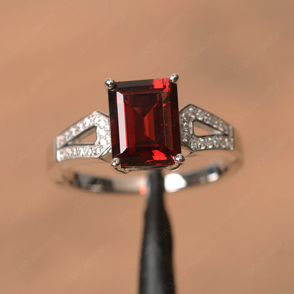 Emerald Cut Garnet Split Shank Ring
