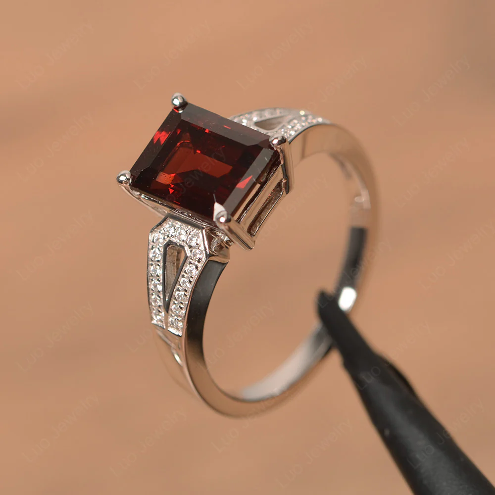 Emerald Cut Garnet Split Shank Ring - Image 2