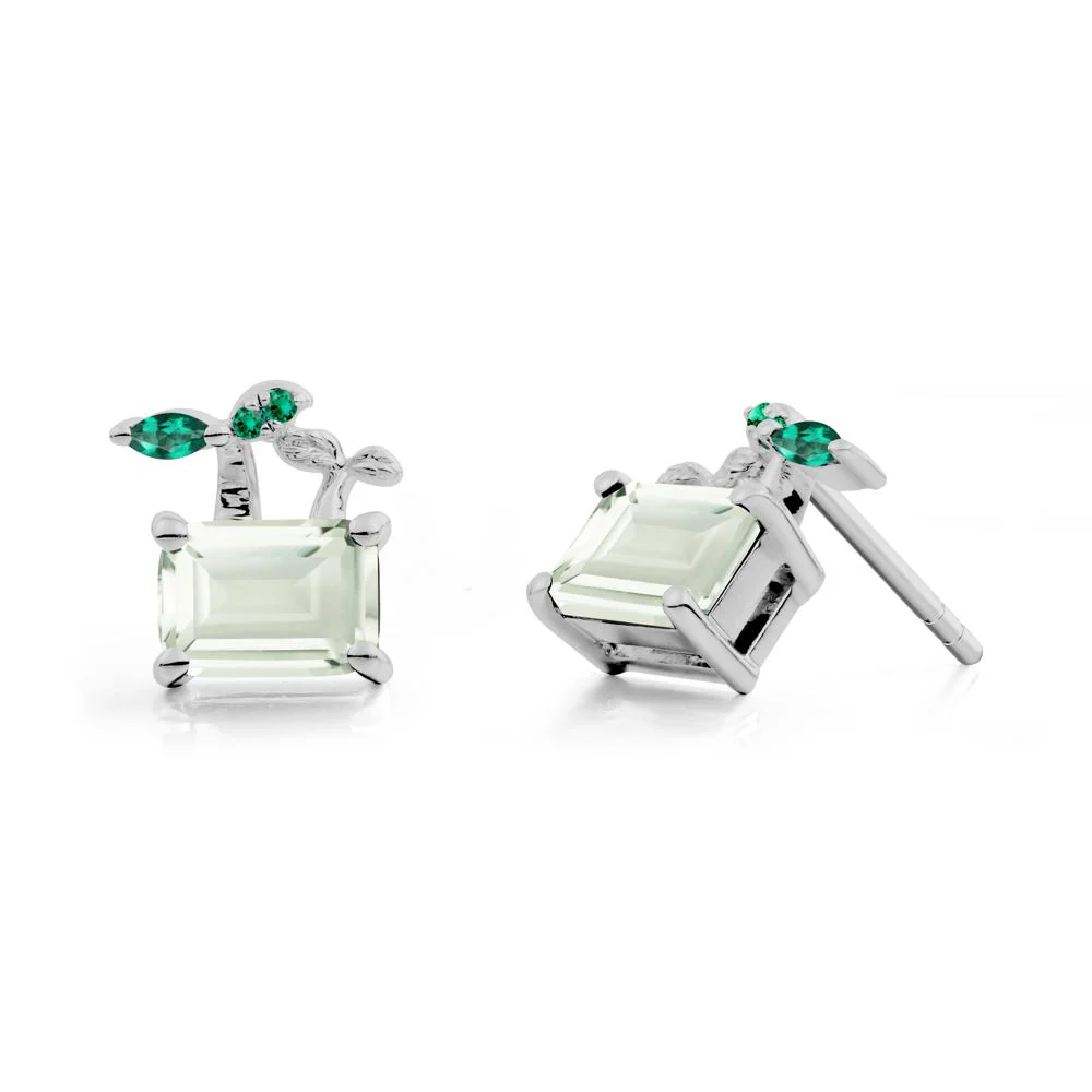 Emerald Cut Green Amethyst and Emerald Sprout Earrings - Image 7