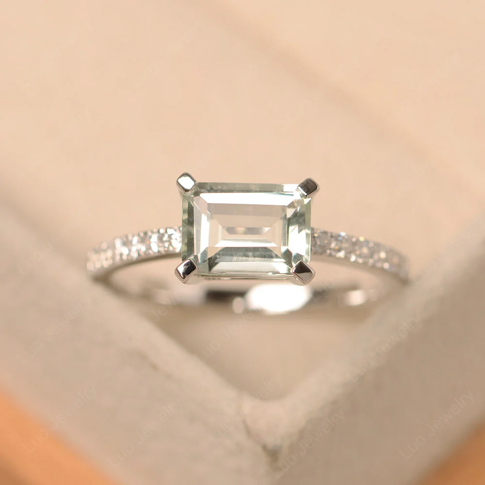Emerald Cut Green Amethyst Horizontal Ring