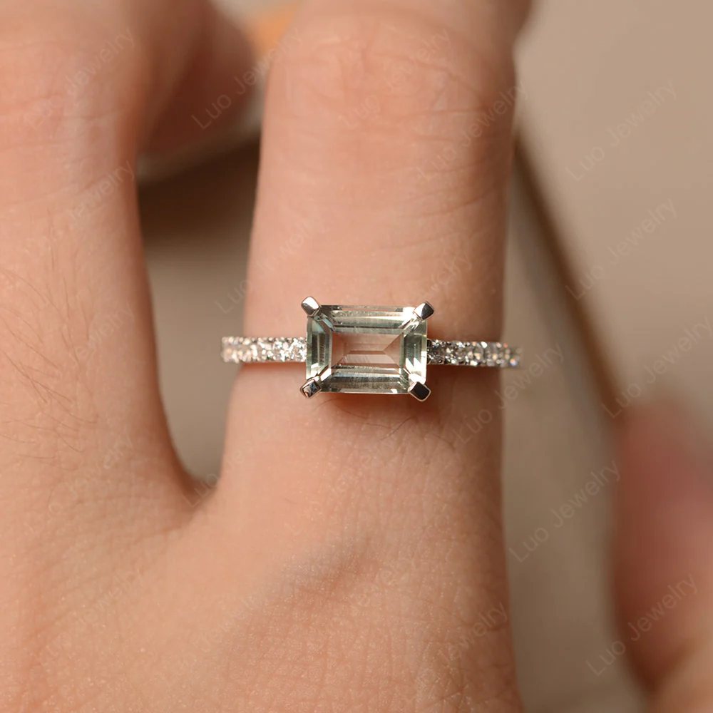 Emerald Cut Green Amethyst Horizontal Ring - Image 5