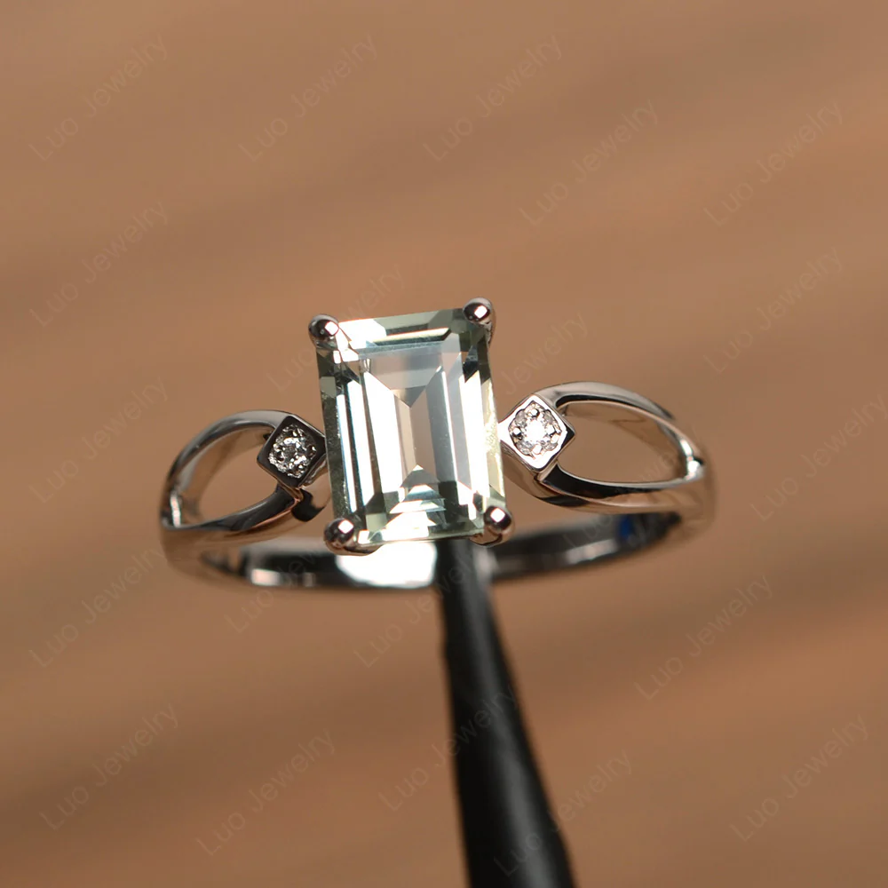 Emerald Cut Green Amethyst Ring Split Shank