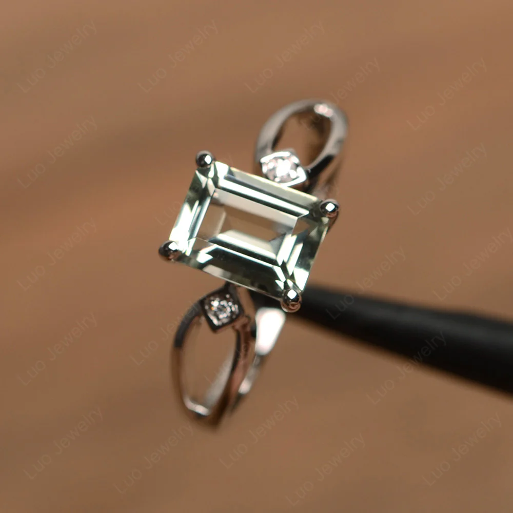 Emerald Cut Green Amethyst Ring Split Shank - Image 2
