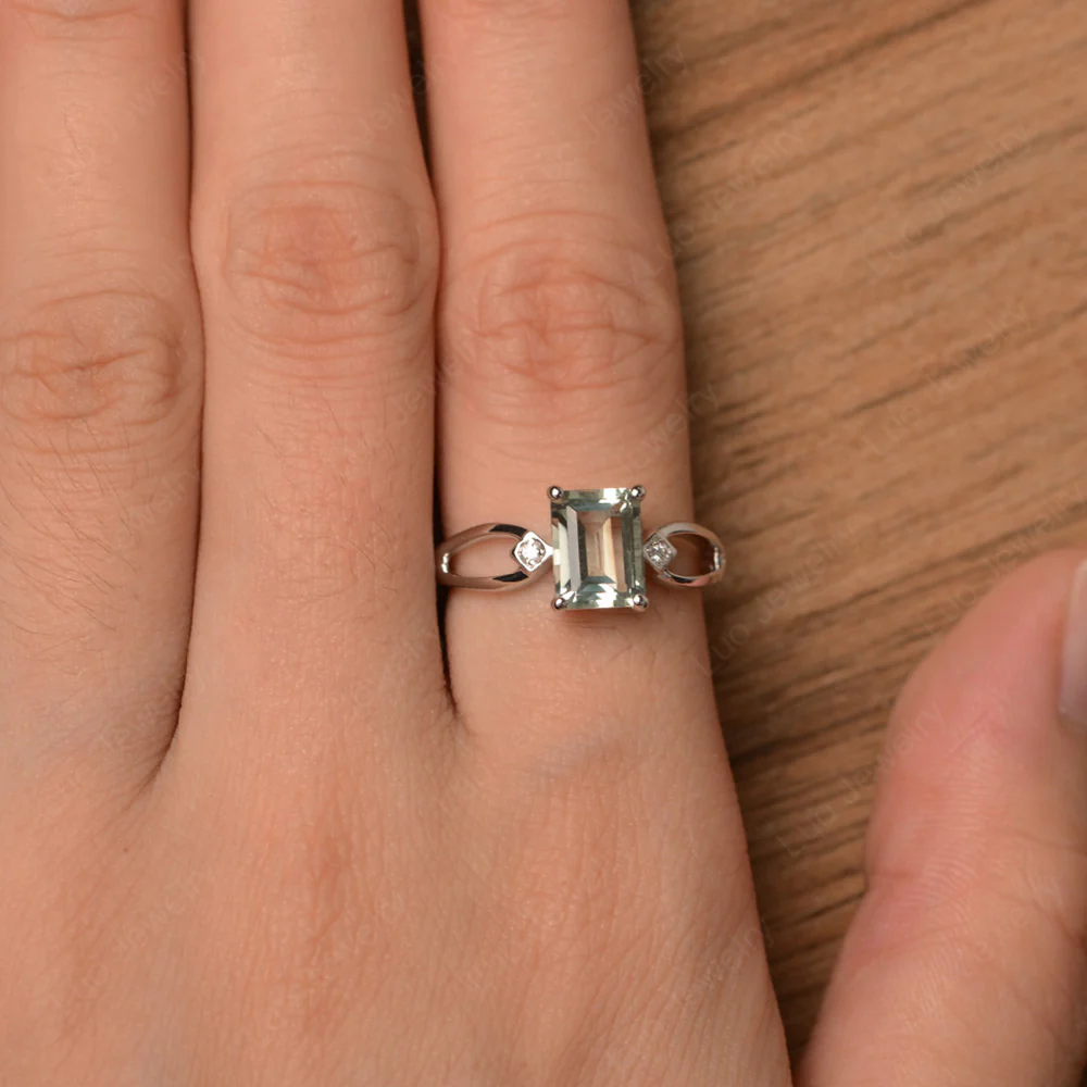 Emerald Cut Green Amethyst Ring Split Shank - Image 4